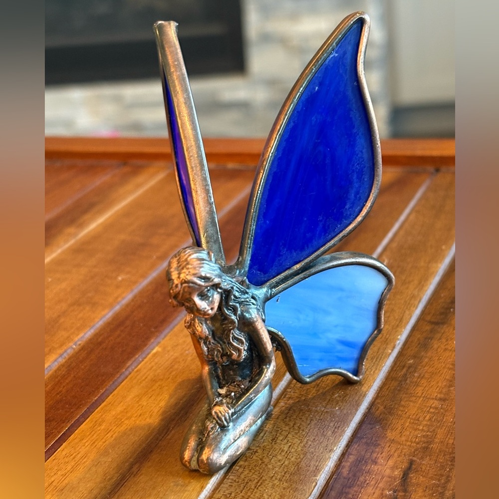 Copper Kneeling Fairy Pixie Figurine Blue Stained Glass Wings
